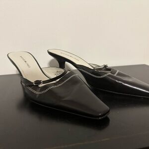 Women’s size 8.5 black leather mules, dressy tailored white detail